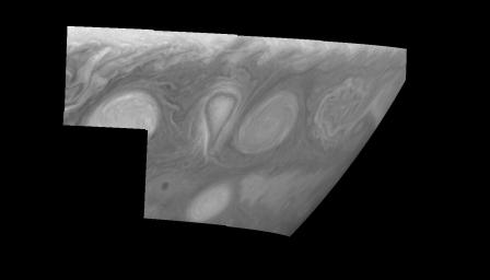 These images, taken on February 19, 1997 by NASA's Galileo orbiter, show two of the three long-lived White Ovals that formed to the south of the Jupiter's Great Red Spot.