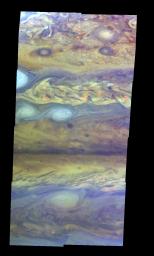 This image is a mosaic of Jupiter's northern hemisphere, taken by NASA's Galileo spacecraft in 1997. Jupiter's atmospheric circulation is dominated by alternating eastward and westward jets from equatorial to polar latitudes.