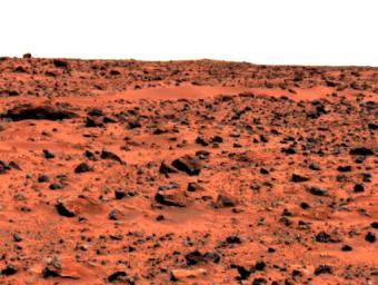 This enhanced color image of the Pathfinder landing site shows the eastern horizon. The elongated, reddish, low contrast region in the distance is 'Roadrunner Flats.' This image was taken by NASA's Mars Pathfinder (MPF).