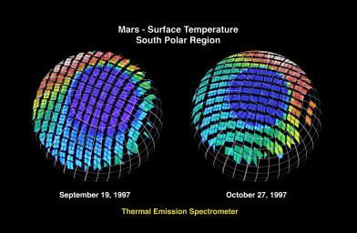 The surface temperature at Mars' south polar region is seen in this image from NASA's Mars Global Surveyor.
