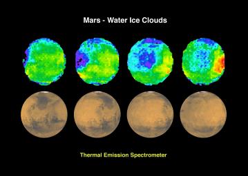 Water ice clouds on Mars are seen in this image from NASA's Mars Global Surveyor.