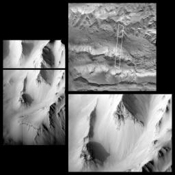 On October 3, 1997, NASA's Mars Global Surveyor acquired this image of the western Tithonium Chasma/Ius Chasma portion of the Valles Marineris. the canyon floors are mostly shadowed, but steep slopes in the area are exquisitely highlighted.