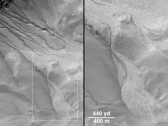 This pair of images from Mars Global Surveyor (MGS) provides a vista of martian gullies on the northern wall of a 7.4 mile-wide meteor impact crater east of the Gorgonum Chaos region on the red planet Mars.