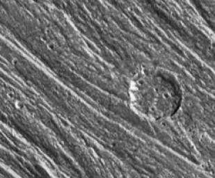 NASA's Galileo spacecraft obtained this image on September 6, 1996 showing grooved terrain in the area of Nippur Sulcus on Jupiter's moon Ganymede.