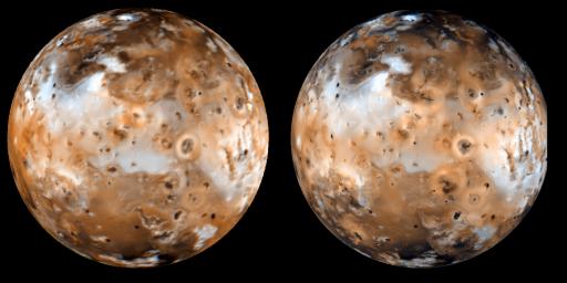 Shown here is a comparison of NASA's Galileo color image (right, taken Sept. 7, 1996) of Jupiter's moon Io, with NASA's Voyager mosaic (left, taken in 1979) reprojected to the same geometry as the Galileo image.