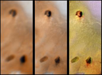 Detail of changes around two hotspots on Jupiter's moon Io as seen by NASA's Voyager 1 in April 1979 (left) and NASA's Galileo spacecraft on September 7th, 1996 (middle and right).