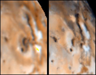 Detail of changes on Jupiter's moon Io in the region around Maui and Amirani as seen by NASA's Voyager 1 spacecraft in April 1979 (left frame) and NASA's Galileo spacecraft in September 1996 (right frame).