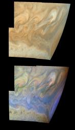 True and false color mosaics of the turbulent region west of Jupiter's Great Red Spot. The Great Red Spot is on the planetary limb on right hand side of each mosaic. Images used were taken by the Solid State Imaging system on NASA's Galileo spacecraft.
