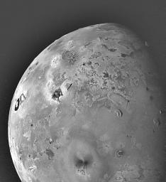 Shown here is one of the topographic mapping images of Jupiter's moon Io (Latitude: -40 to +90 degrees, Longitude: 210-320 degrees) acquired by NASA's Galileo spacecraft, revealing a great variety of landforms.