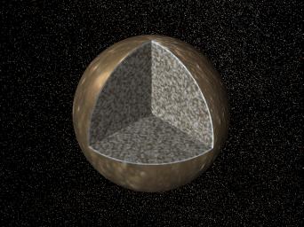 Cutaway view of the possible internal structure of Callisto. The surface of the satellite is a mosaic of images obtained in 1979 by NASA's Voyager spacecraft.