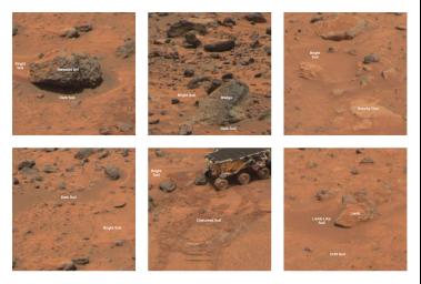These images from NASA's Mars Pathfinder in 1997 show different type areas of rocks and soils on Mars; dark rock type and bright soil type. Seen here is the dark rock Barnacle Bill.