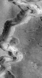 This picture of a canyon on the Martian surface was obtained on January 8, 1998 by NASA's Mars Global Surveyor; it shows the canyon of Nanedi Vallis, one of the Martian valley systems cutting through cratered plains in the Xanthe Terra region of Mars.