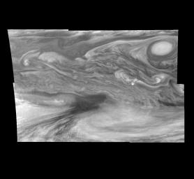 Mosaic of Jupiter's equatorial region at 756 nanometers (nm). The mosaic covers an area of 34,000 kilometers by 22,000 kilometers. These images were taken on December 17, 1996 by the Solid State Imaging system aboard NASA's Galileo spacecraft.