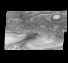 Mosaic of Jupiter's equatorial region at 727 nanometers (nm). The mosaic covers an area of 34,000 kilometers by 22,000 kilometers. These images were taken on December 17, 1996 by the Solid State Imaging system aboard NASA's Galileo spacecraft.