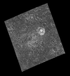 Craters ranging in diameter from the limit of resolution, approximately 1.35 kilometers, up to the remnants of a heavily degraded two-ringed basin, approximately 90 kilometers in diameter, can be seen in this image captured by NASA's Galileo spacecraft.