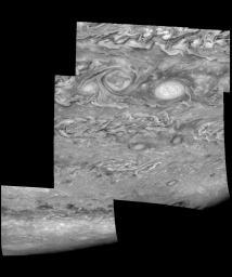 Mosaic of Jupiter's southern hemisphere between -25 and -80 degrees (south) latitude. These images were taken on May 7, 1997, at a range of 1.5 million kilometers by the Solid State Imaging system on NASA's Galileo spacecraft.