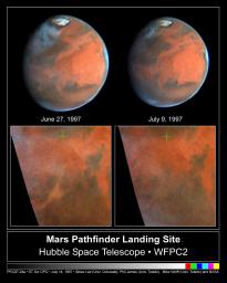 NASA's Hubble Space Telescope images near Ares Vallis, Mars, taken on June 27, 1997 (left) and July 9, 1997 (right), document the dissipation of a large dust storm during the 12 days separating the two observations.