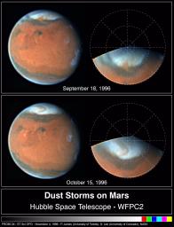 Two NASA Hubble Space Telescope images of Mars, taken about a month apart on September 18 and October 15, 1996, reveal a state-sized dust storm churning near the edge of the Martian north polar cap.