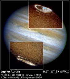 NASA's Hubble Space Telescope has captured a complete view of Jupiter's northern and southern auroras. Images taken in ultraviolet light by the Space Telescope Imaging Spectrograph (STIS) show both auroras, the oval-shaped objects in the inset photos.
