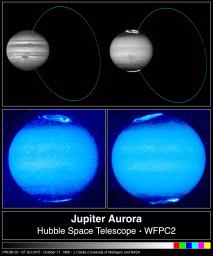 These images, taken by NASA's Hubble Space Telescope, reveal changes in Jupiter's auroral emissions and how small auroral spots just outside the emission rings are linked to the planet's volcanic moon, Io.