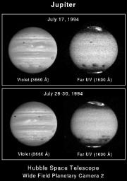 These four NASA Hubble Space Telescope images of Jupiter, as seen in visible (violet) and far-ultraviolet (UV) wavelengths, show the remarkable spreading of the clouds of smoke and dust thrown into the atmosphere.