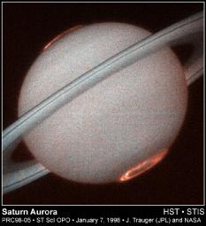 This is the first image of Saturn's ultraviolet aurora taken by the Space Telescope Imaging Spectrograph (STIS) onboard the Hubble Space Telescope in October 1997.