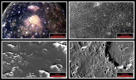 Four views of Jupiter's second largest moon, Callisto, highlight how increasing resolutions enable interpretation of the surface. North is to the top of these frames which were taken by the Solid State Imaging (SSI) system on NASA's Galileo spacecraft.