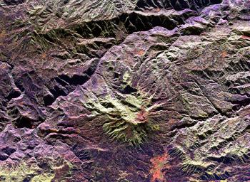 This radar image of the area surrounding the Galeras volcano in southern Colombia shows the ability of a multi-frequency radar to map volcanic structures that can be dangerous to study on the ground.