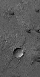 This NASA's Mars Global Surveyor image shows several small, dark sand dunes and a small crater within a much larger crater (not visible in this image). The floor of the larger crater is rough and has been eroded with time.