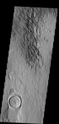 This image from NASA's Mars Odyssey shows the action of the wind forming, called yardangs. The top layer of material is being removed by the wind, revealing an older surface below, like the crater at the bottom of the frame.
