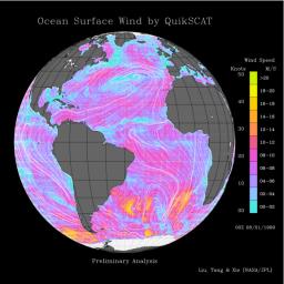 This image shows wind speeds and direction in the Atlantic Ocean on August 1, 1999, gathered by NASA's Seawinds radar instrument flying onboard NASA's QuikScat satellite.