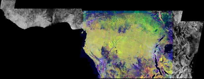 This is an image of equatorial Africa, centered on the equator at longitude 15degrees east. This image is a mosaic of almost 4,000 separate images obtained in 1996 by NASA's L-band imaging radar onboard the Japanese Earth Resources Satellite.