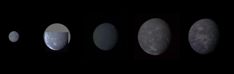 Montage of Uranus' five largest satellites taken by NASA's Voyager 2. From to right to left in order of decreasing distance from Uranus are Oberon, Titania, Umbriel, Ariel, and Miranda.