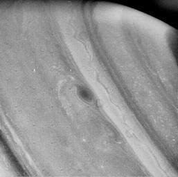This image of Saturn from NASA's Voyager 2, obtained Aug. 21 from a distance of 3.4 million miles, shows further evidence of weather patterns at all latitudes. A stream of clouds is moving in the westward flow.
