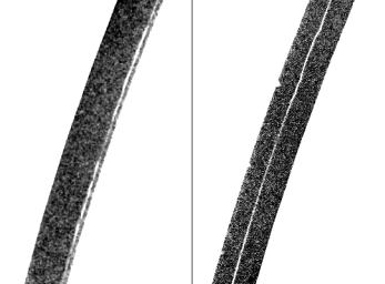 NASA's Voyager 2 discovered a 'kinky' ringlet inside the Encke Gap in Saturn's A-ring. These pictures show the thin ringlet at two different positions, photographed Aug. 25, 1980.