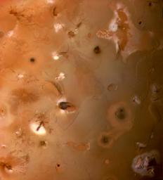 The South Polar region of Jupiter's moon Io, seen by NASA's Voyager 1 as it passed beneath in the early 1980s.
