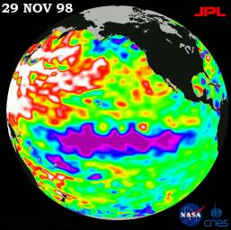 This image of the Pacific Ocean was produced using sea-surface height measurements taken by NASA's U.S.-French TOPEX/Poseidon satellite showing sea surface height relative to normal ocean conditions on November 29, 1998.