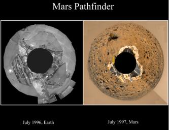 This set of images shows NASA's Mars Pathfinder lander in a cleanroom at JPL in 1996 on the left, and on Mars in 1997.
