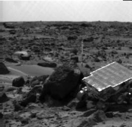 NASA's Mars Pathfinder rover Sojourner is seen traversing near 'Half Dome' in this image, taken on Sol 59, 1997 by the Imager for Mars Pathfinder (IMP).