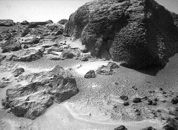 This left image of a stereo image pair of the rock 'Chimp' was taken by NASA's Sojourner rover's front cameras on Sol 72 (September 15). Fine-scale texture on Chimp and other rocks is clearly visible. Sol 1 began on July 4, 1997.
