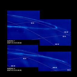 Mosaics of Jupiter's night side show the Jovian aurora at approximately 45 minute intervals as the auroral ring rotated with the planet below the spacecraft. The images were obtained by the Solid State Imaging (SSI) system on NASA's Galileo spacecraft.