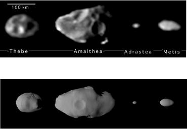 The upper series of images represents the best yet of the four small inner satellites of Jupiter taken by the camera on NASA's Galileo spacecraft. From left to right, in order of decreasing distance to Jupiter, are Thebe, Amalthea, Adrastea and Metis.