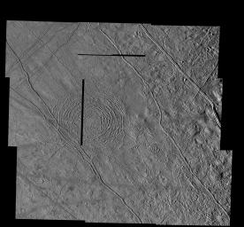 This mosaic shows the Tyre multi-ring structure which is thought to have been formed by a large impact onto Jupiter's moon Europa. Images obtained by the Solid State Imaging (SSI) system on NASA's Galileo spacecraft.