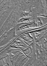 These cracks and ridges in the south polar region of Jupiter's moon Europa have been rotated into sigmoidal or 'S' shapes by the motion of Astypalaea Linea, a strike-slip fault in the moon's icy surface. Images were captured by NASA's Galileo spacecraft.