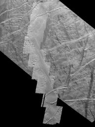 This mosaic of the south polar region of Jupiter's moon Europa from NASA's Galileo spacecraft shows the northern 290 kilometers of a strike-slip fault named Astypalaea Linea. The entire fault is about 810 kilometers (500 miles) long.