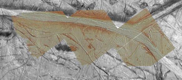 Agenor Linea is an unusually bright, white band on Jupiter's icy moon Europa. This mosaic from NASA's Galileo spacecraft uses color images to 'paint' high resolution images of Agenor, and then places the colorized images within lower resolution images.