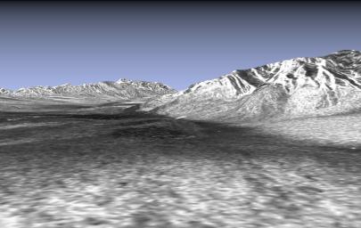 This picture is a three-dimensional perspective view of Death Valley, California from NASA's Spaceborne Imaging Radar-C/X-band Synthetic Aperture Radar. Sand dunes are seen near Stove Pipe Wells and a large alluvial fan.