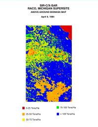 This biomass map of the Raco, Michigan, area was produced from data acquired by NASA's Spaceborne Imaging Radar C/X-Band Synthetic Aperture Radar onboard space shuttle Endeavour.