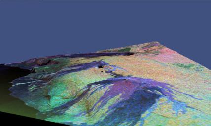 This is a three-dimensional perspective view of a false-color image of the eastern part of the Big Island of Hawaii from NASA's Spaceborne Imaging Radar C/X-Band Synthetic Aperture Radar.
