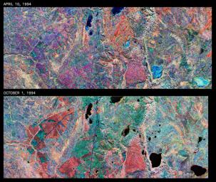This is a comparison of images over Prince Albert, Canada, produced by NASA's Spaceborne Imaging Radar-C and X-band Synthetic Aperture Radar aboard the space shuttle Endeavour on its 20th orbit on April 10, 1994.